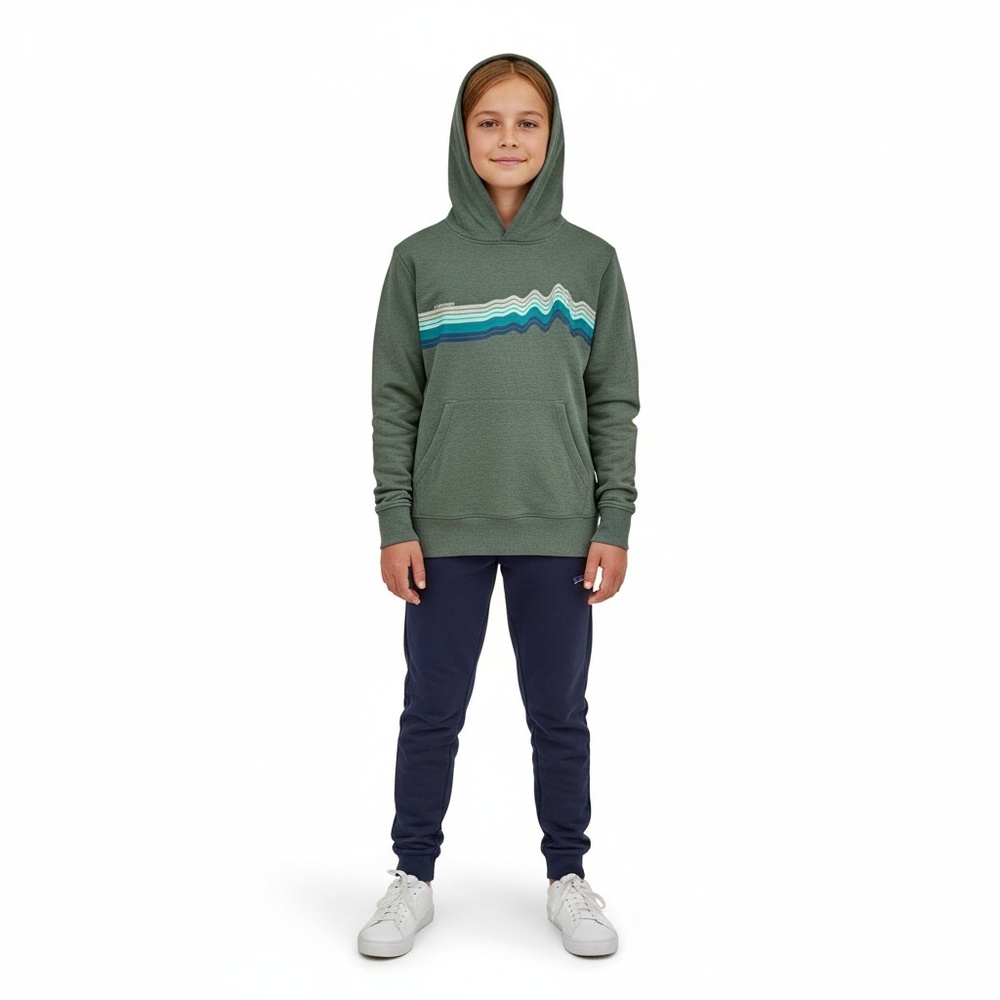 Patagonia Kids Lightweight Graphic Hoodie Rise Stripe Nouveau Green XL14
